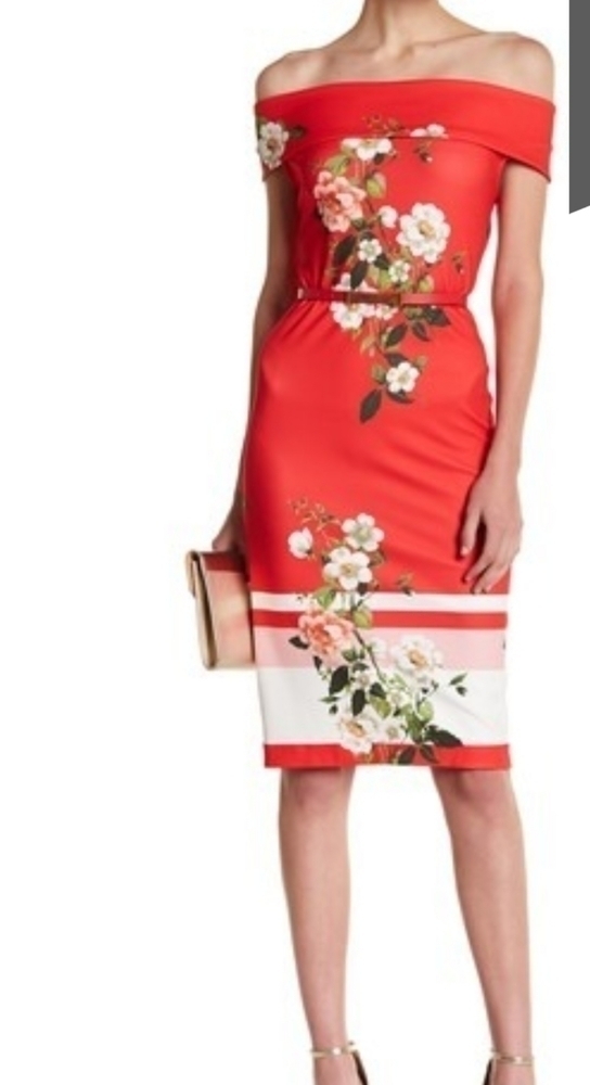 𝅺Sharagano Red Multi Off The Shoulder Dress